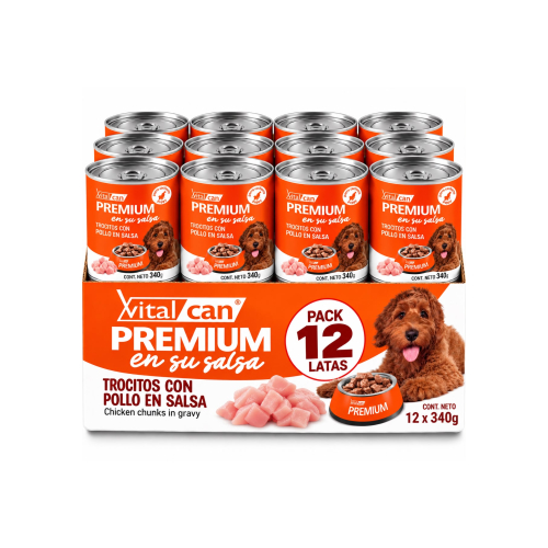 Pack 12 Latas Premium Cachorro En Salsa Con Trocitos De Pollo 340 Gr
