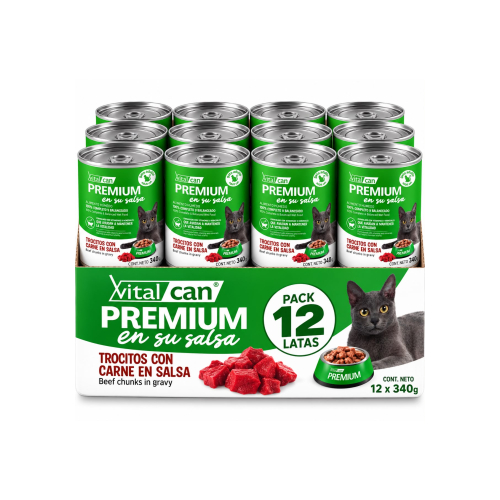 Pack 12 Latas Premium Gato Adulto En Su Salsa Trocitos De Carne 340 Gr